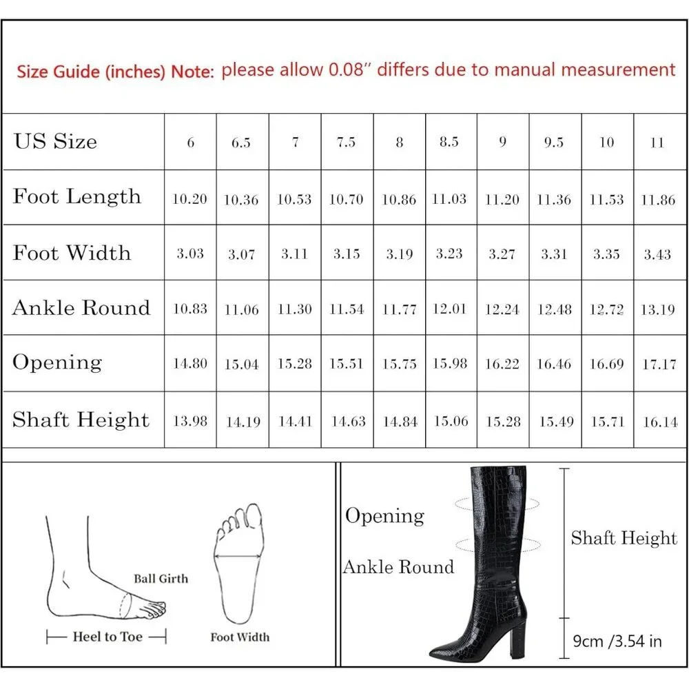 Women's Black Tall Long Calf High Chunky Faux Crocodile Knee High Boots